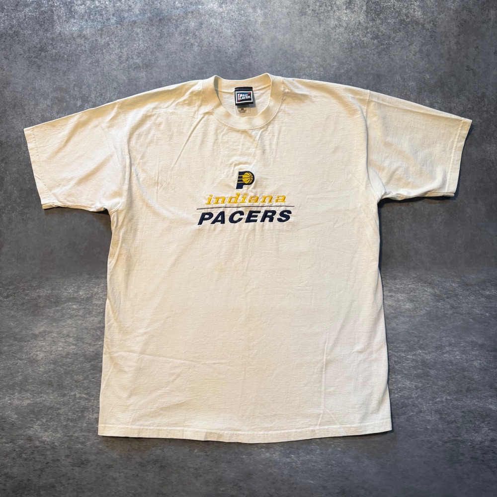 Vintage 90s Pro Player Indiana Pacers Embroidered T-Shirt XL Center Logo Cream